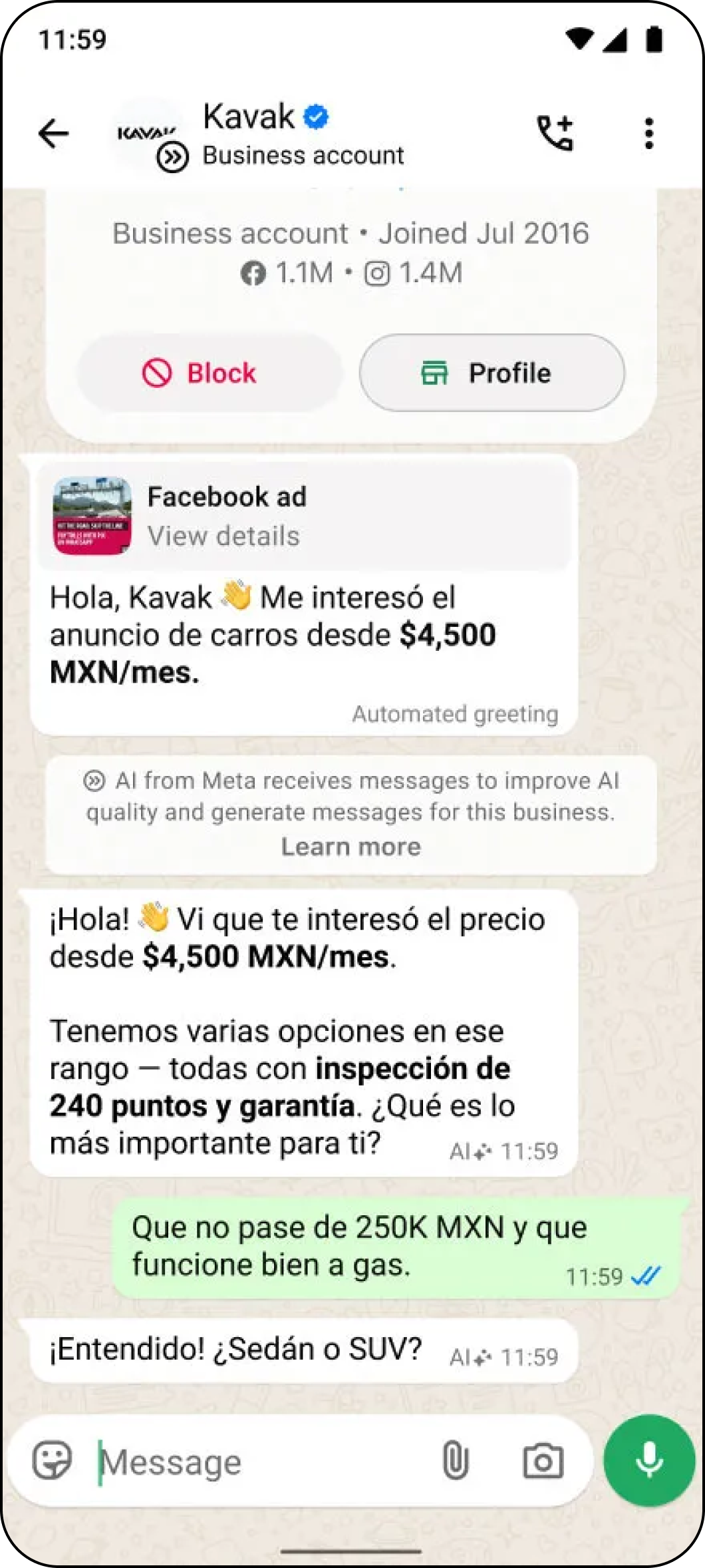 Kavak WhatsApp conversation with the Business Agent qualifying a used-car shopper.