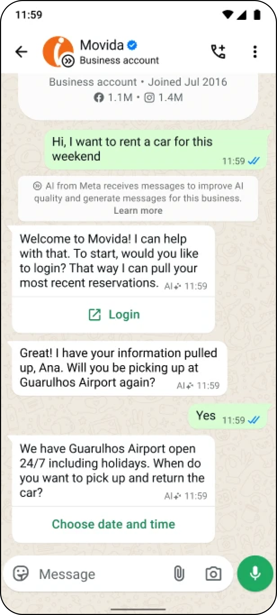 Movida WhatsApp conversation showing car options in a carousel with rates.