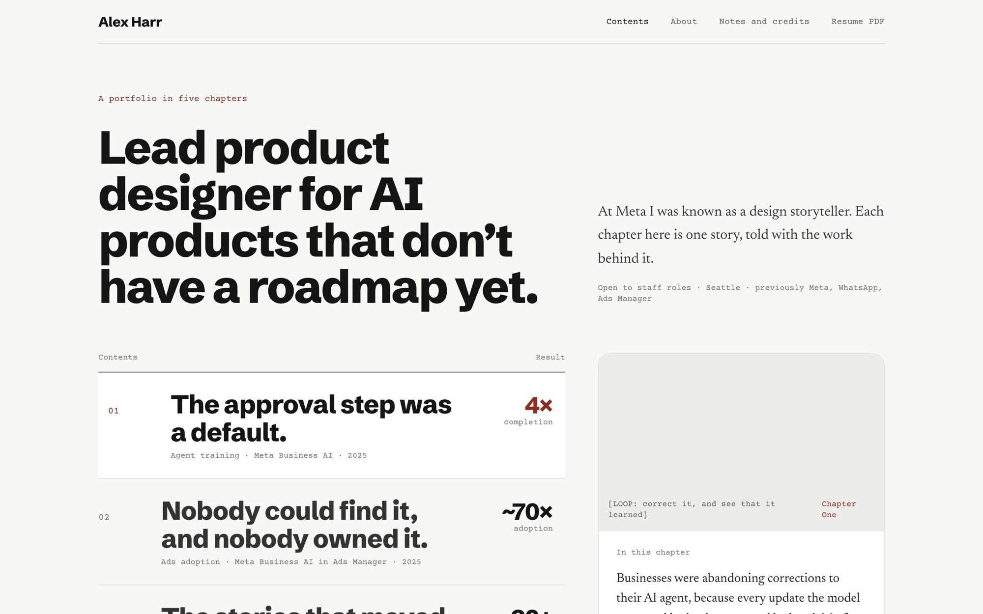 The Book redesign: a paper-coloured page titled A portfolio in five chapters, a heavy black headline, a serif blurb and a numbered contents list.