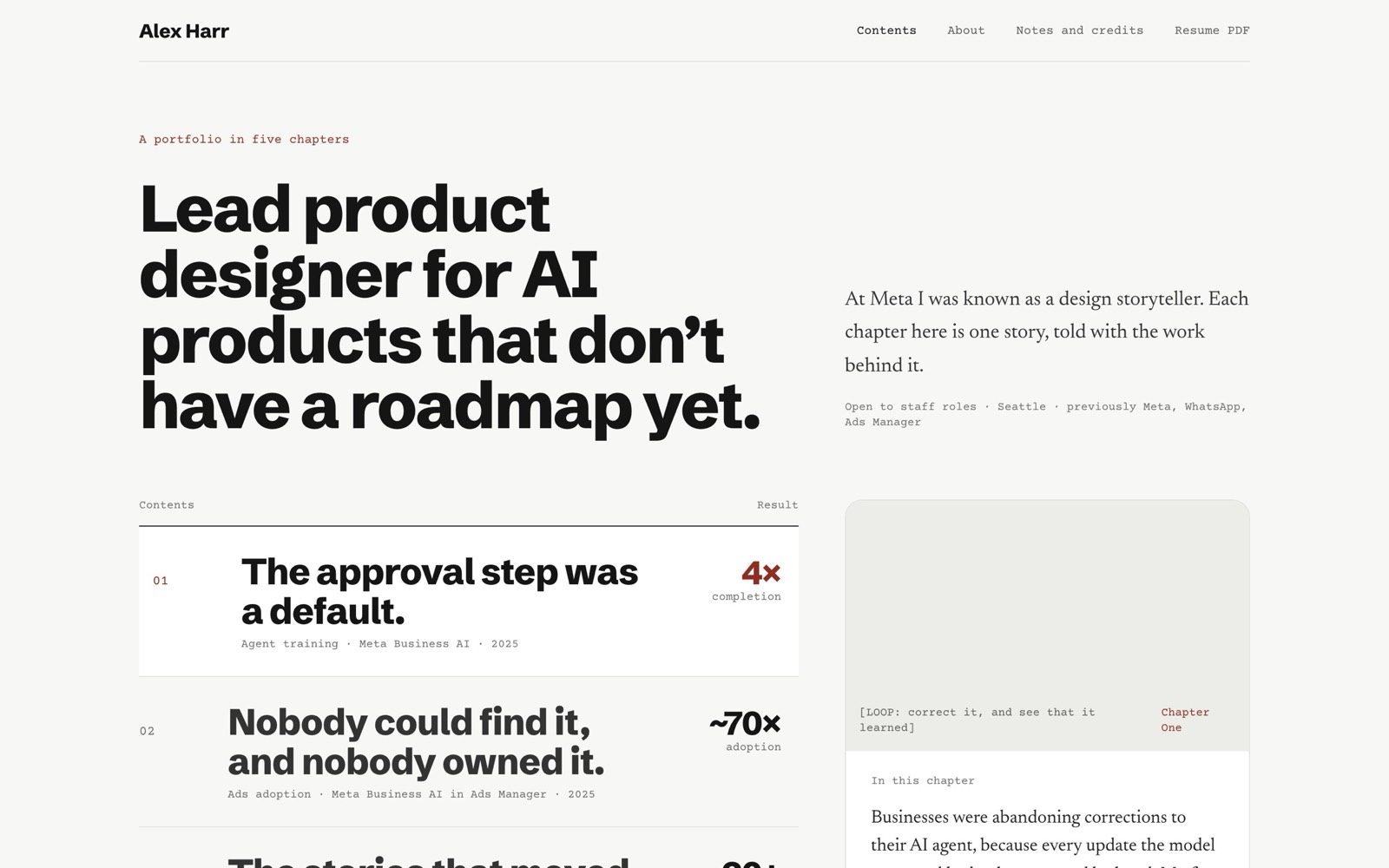 The Book redesign: a paper-coloured page with a heavy headline and a contents list.