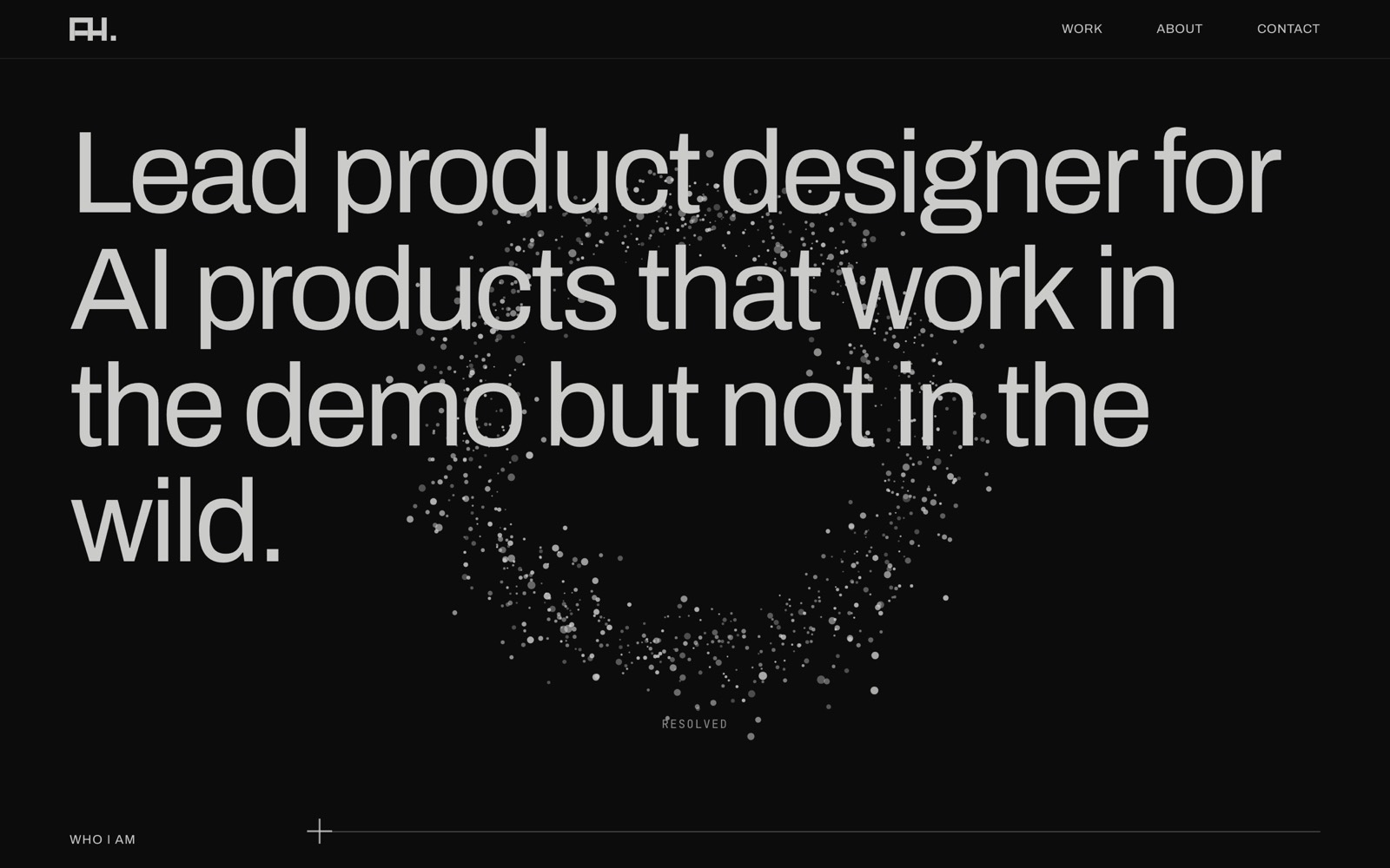 The current site: a dark page with a ring of particles behind the headline.