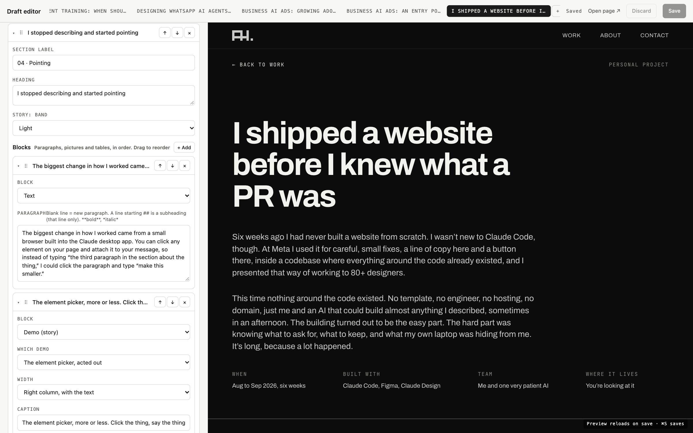 The site’s editor: a panel of fields on the left, with this story’s chapters listed, and a live preview of the page on the right.
