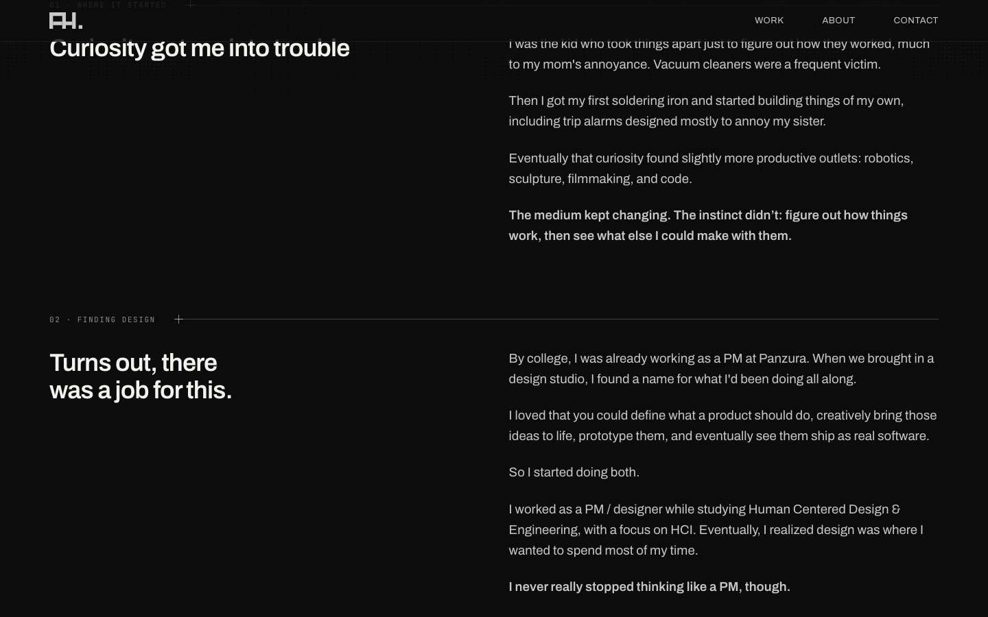 The About page with the chapter heading Curiosity got me into trouble tucked under the nav bar, its top cut off.