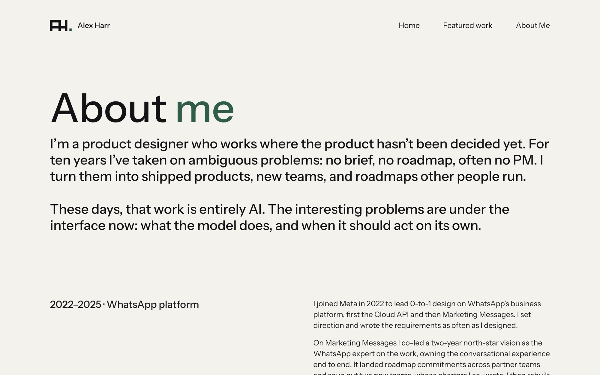 The first version’s About page: a large About me heading over two intro paragraphs.