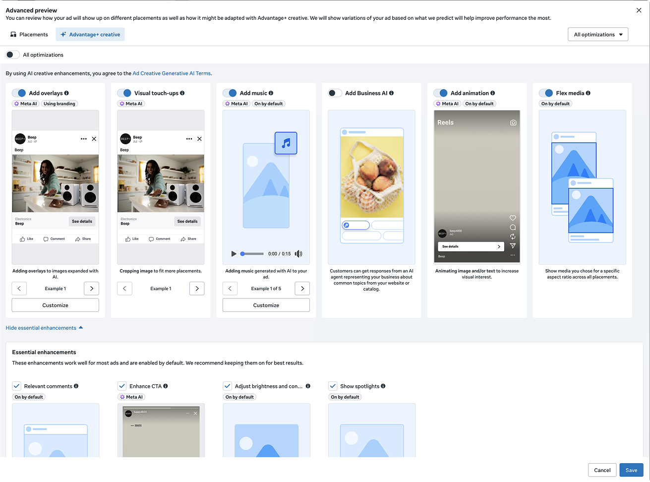 Ads Manager’s Advantage+ creative enhancements: five cards switched on, and Add Business AI, switched off, in the middle of them.